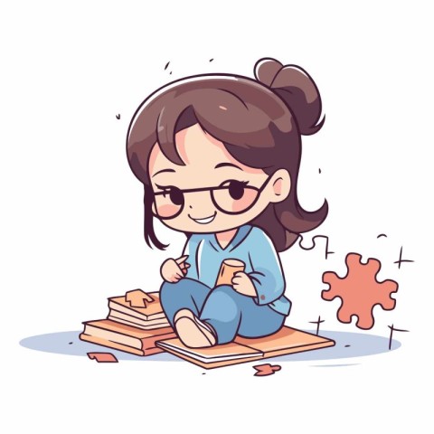 Cute little girl sitting on books and reading.