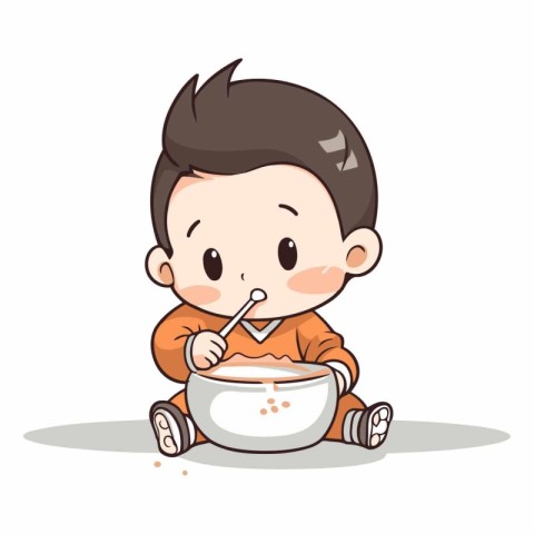 Cute little boy eating soup of a baby eating soup.