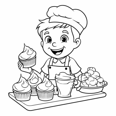 Cute boy chef with cupcake and ice cream cartoon vector illustra