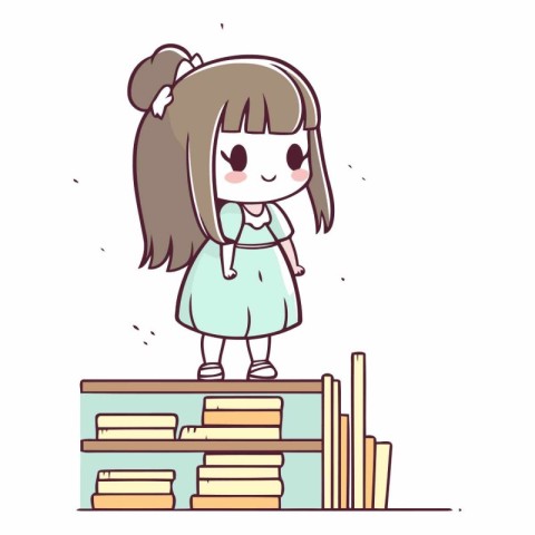 Girl standing on books in a flat cartoon style.