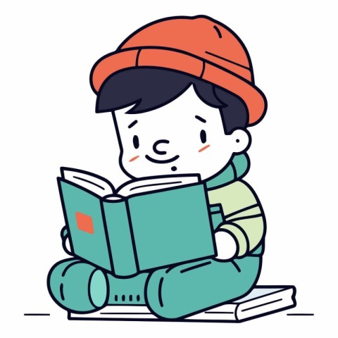 Illustration of a little boy reading a book with a hat.