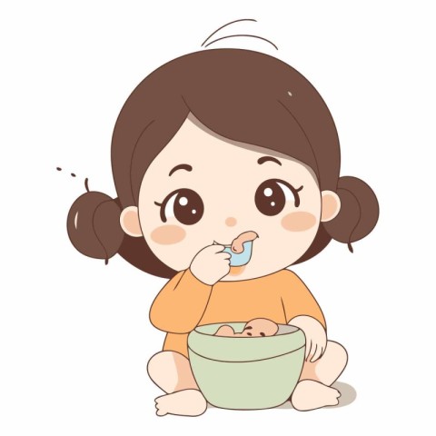 Illustration of a Cute Little Girl Eating Food from a Bowl