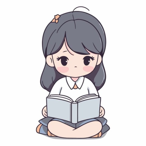 Illustration of a cute little girl reading a book on white backg