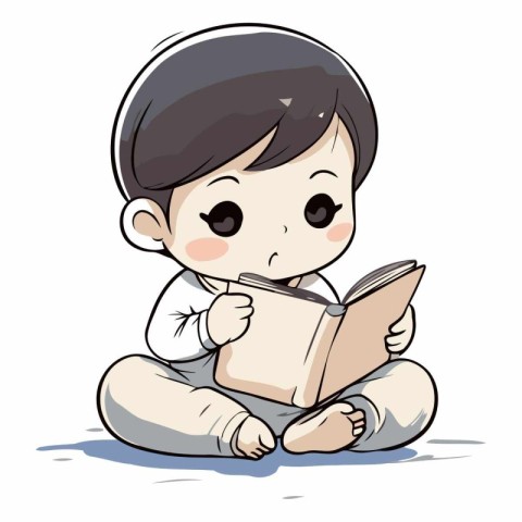 cute little boy reading a book on white background