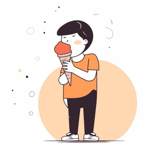 Cute boy eating ice cream in flat style.