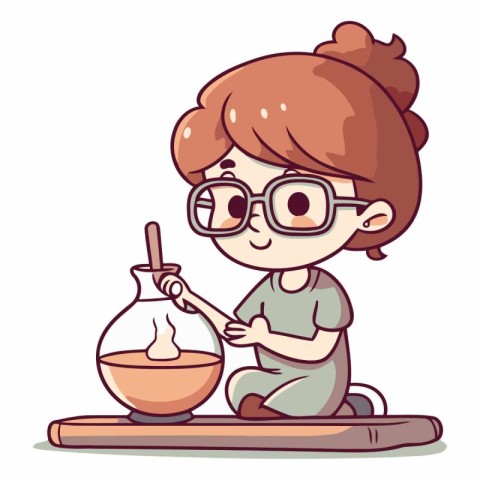 Girl doing science experiment on white background. Cute cartoon