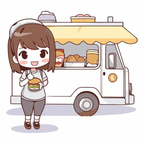 girl eating a hamburger in the street food truck vector illustra