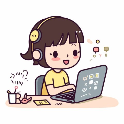 Illustration of a Girl Using a Laptop and Listening to Music