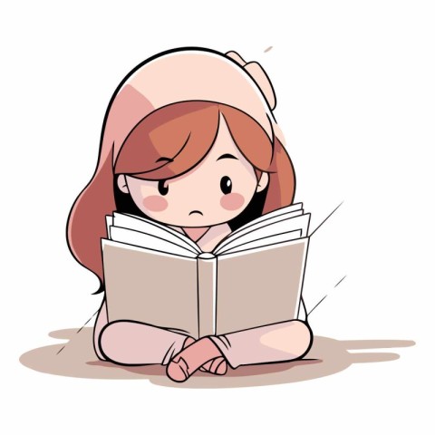 Girl reading a book with sad expression on white background.