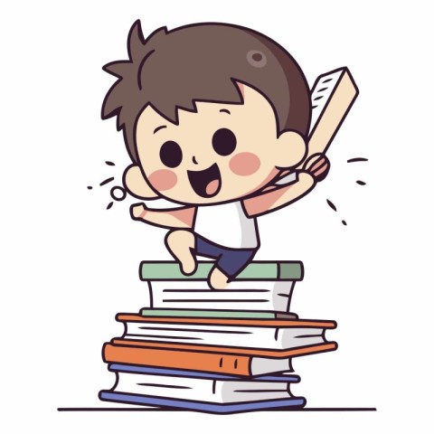 Boy with a baseball bat on a pile of books.