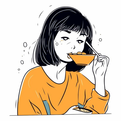 Illustration of a young woman eating a bowl of healthy food.