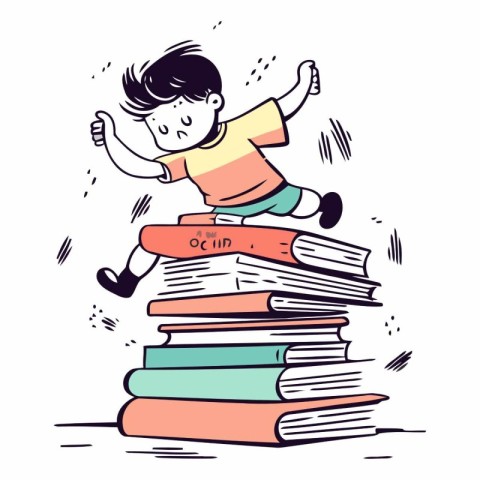 Happy little boy jumping on pile of books. Vector cartoon illust