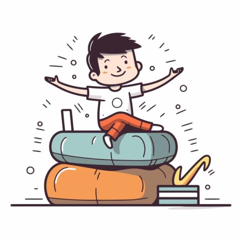 Boy sitting on a big pile of books. Vector cartoon illustration.