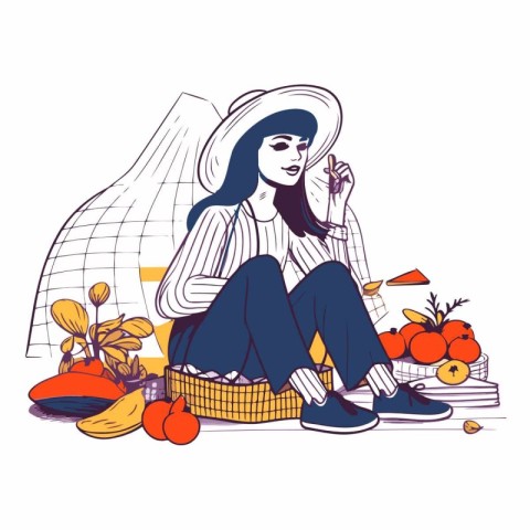 Vector illustration of a girl sitting next to a basket of fruits