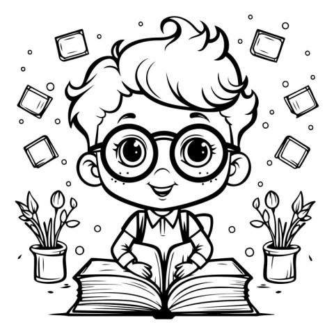 Boy with glasses reading a book. Black and white vector illustra