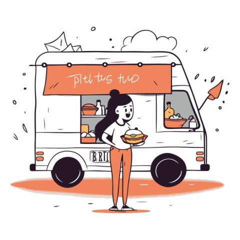 Vector illustration of a food truck with a woman standing in fro