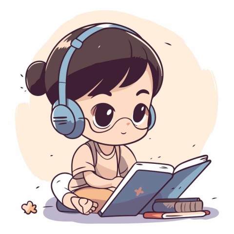 Cute little girl reading book and listening to music.