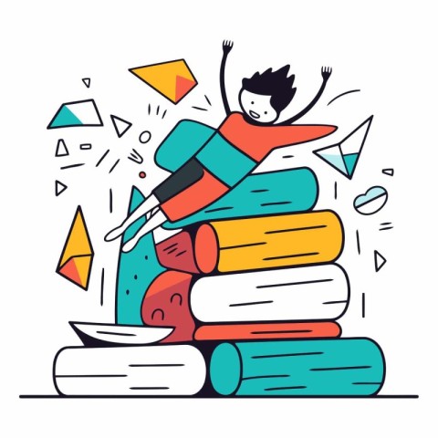 Vector illustration of a boy on a stack of books. Education conc