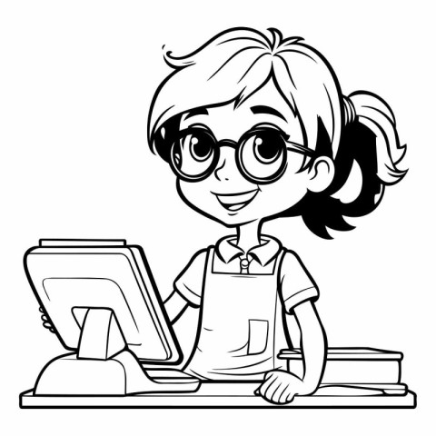 Girl Student with Computer and Books - Black and White Cartoon I