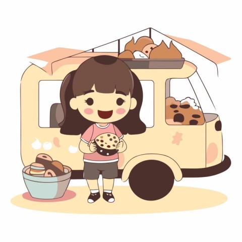 cute little girl eating cookies in the van vector illustration g