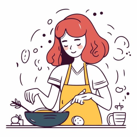 Young woman cooking in the kitchen in linear style.