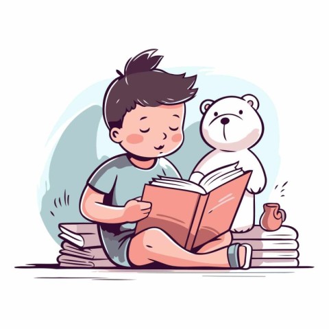 Cute little boy reading a book with teddy bear.