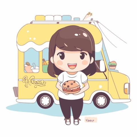 Cute cartoon girl eating a donut in a fast food truck