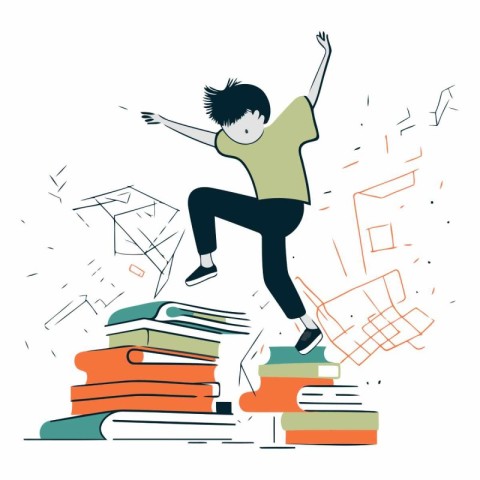 Vector illustration of a schoolboy jumping on a pile of books.