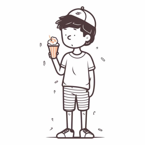 Cute boy with ice cream in hand drawn style.