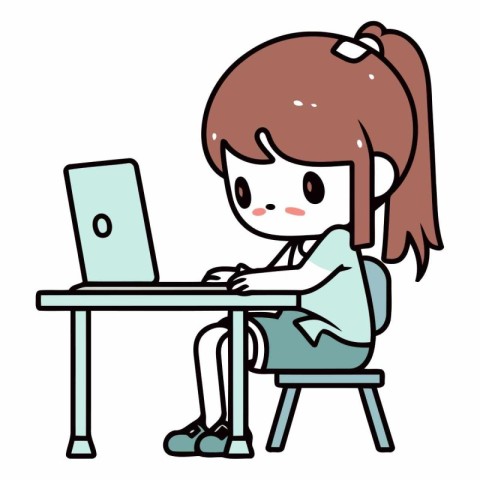 Illustration of a cute little girl using a laptop at home.