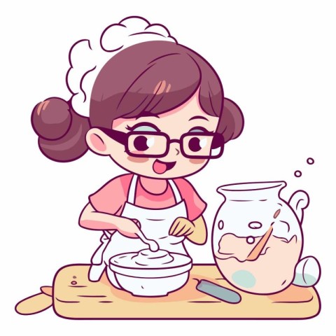 Cute little girl in glasses cooking in the kitchen.