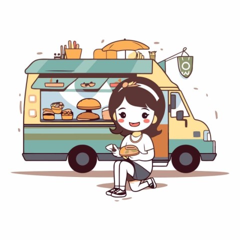 Cute little girl eating street food in cartoon style.