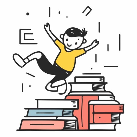 Boy jumping from a pile of books in doodle style.