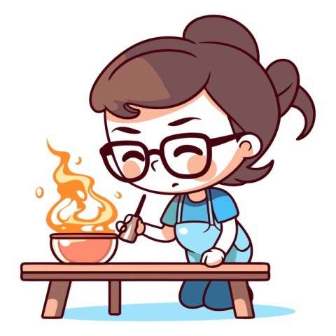 Girl cooking on pottery table vector illustration. Cartoon girl