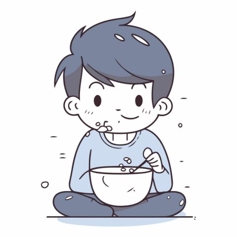 Illustration of a little boy eating cereals in a bowl.