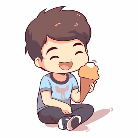 Cute boy eating ice cream in cartoon style.