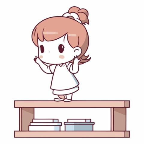 Girl standing on the bookshelf in a flat style.