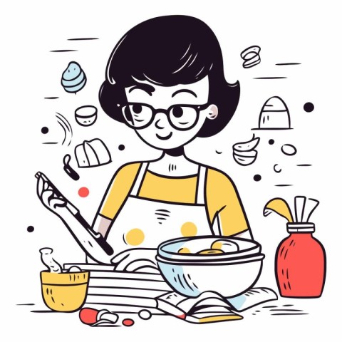 Illustration of a woman cooking in the kitchen.