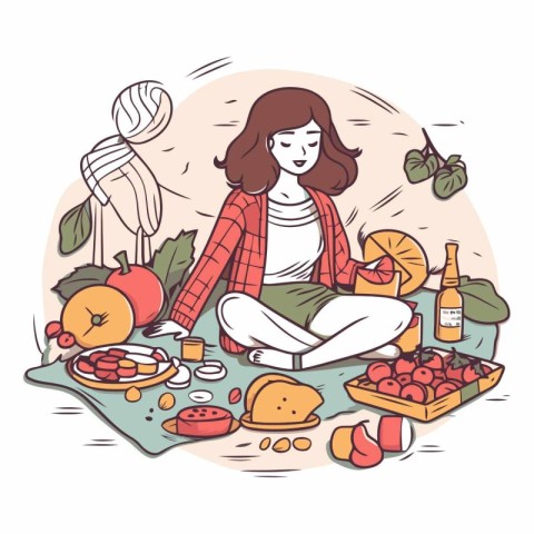 Woman sitting in lotus position with fruits and vegetables.