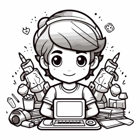 Cute Boy with Laptop Vector Illustration. Coloring Book