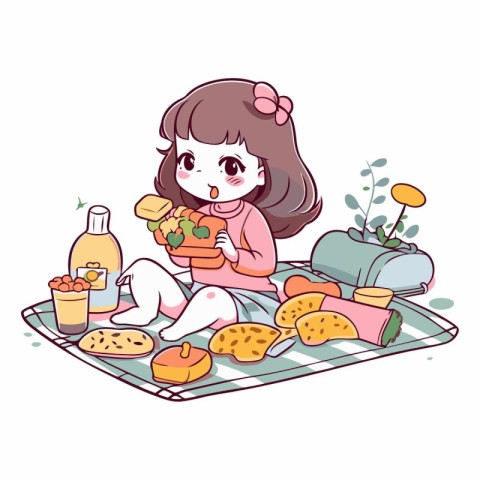 Illustration of a Little Girl Sitting on the Floor and Eating Co