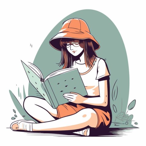 Vector illustration of a girl in a hat and glasses reading a boo