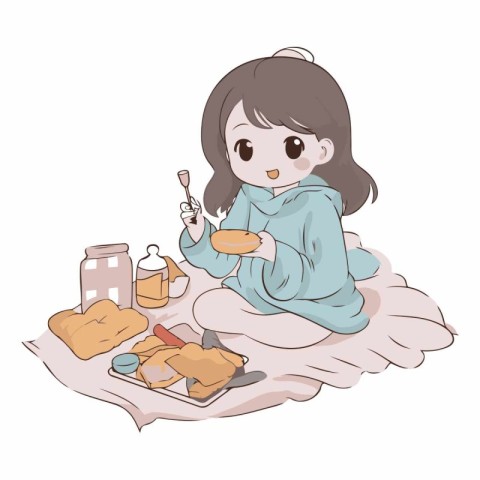 Illustration of a cute little girl eating bread and drinking mil