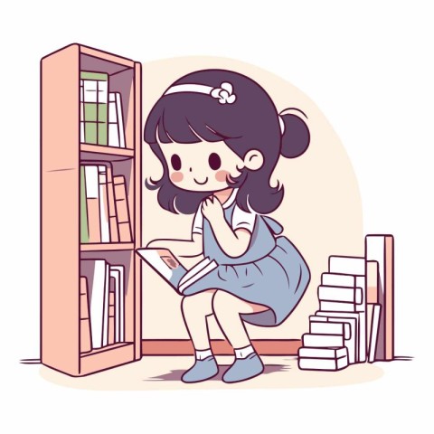 Girl studying at the library in a flat style.