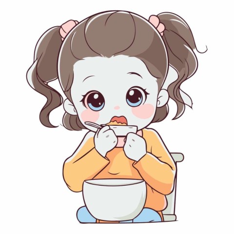 Cute little girl eating soup in cartoon style.