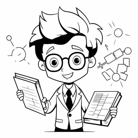 Black and White Cartoon Illustration of a Man Student or Teacher