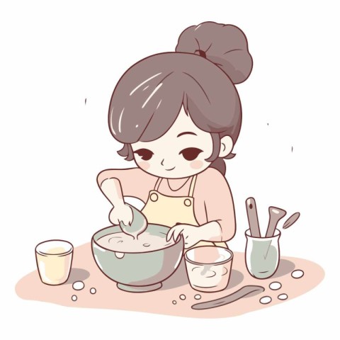 Illustration of a Cute Girl Mixing Ingredients in a Bowl