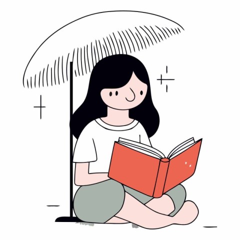 Girl reading a book under an umbrella in a flat style