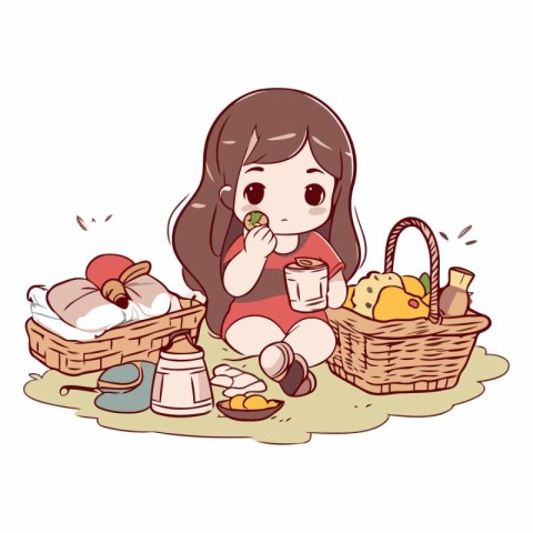 Illustration of a Cute Little Girl Eating a Piece of Bread