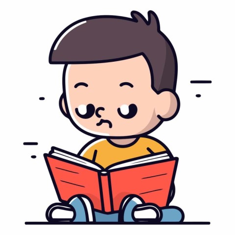 Cute little boy reading a book. Vector flat cartoon illustration